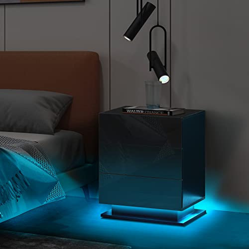TUKAILAI Nachttisch mit LED, Beistelltisch Schwarz, Nachtschrank mit 3 Schublade, Nachtkasten modern für Wohnzimmer und Schlafzimmer
