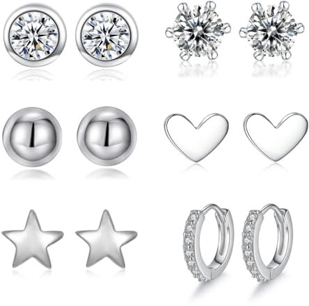 Aucuu 6 Pares Pendientes de Tuerca de Plata, Pendientes Piercing Oreja 925 para Mujer, Pendientes de Aro de Amor con Circonita Estrella, Regalo de Día de La Madre con Cajas-Plata