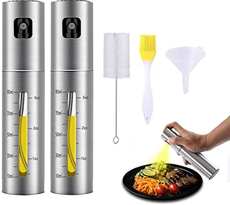 RoseFlower 2 Piezas Pulverizador Aceite, Spray Aceite Cocina 100ML, Aceitera Spray 304 Premium Acero Inoxidable, Rociador de Oliva Aceitera Antigoteo para Cocinar/Ensalada/Hornear/Pan/BBQ