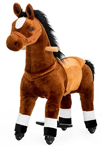 PONYEEHAW Reitpferd für Kinder ab 3 mit Rollen, Horse Toy Ride, Spielpferd zum Reiten Stehpferd Groß aus Metall und Plüsch Pferde Spielzeug zum Reiten mit Schabracke und Zaumzeug (Braun, Klein)