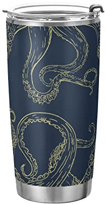 KAAVIYO Goldene Handgezeichnete Krake Sport Wasserflasche Edelstahl Trinkflasche Thermoflasche Auslaufsichere Flasche mit Stroh für Auto Jungen Mädchen