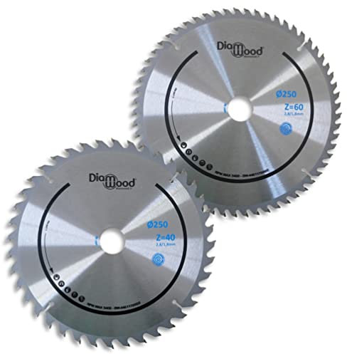 DIAMWOOD - Lot de 2 Lames Bois Scie Circulaire Universelle HM | Scie Table, Combinée Toupie scie | Diamètre 250 mm | 40 et 60 Dents Alternées Positif | Alésage 30/25,4/20/19/16/15,9 mm | ép 2,8/1,8 mm