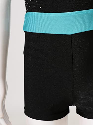 YOOJIA Kinder Mädchen Turnanzug Strass Leotard Ballett Trikot Ärmellos Tanzbody und Kurze Hose Ballettanzug Wettkampf Tanzkostüm C Blau Grün 158-164