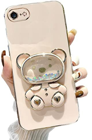 Rnrieyta Miagon Bär Spiegel Ständer Hülle für iPhone 7 Plus/8 Plus,Cute Mädchen Dünn Treibsand Glitzer Galvanisierte Schutzhülle Weiches Case Bumper mit Spiegel Halter Kickständer