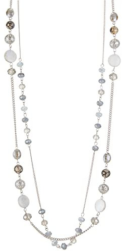 FULU AUTUMN Damen Statement Kette Lange Perlenkette Silber Chain Zwei Strang Modeschmuck Halskette Geburtstagsgeschenk(Grey)