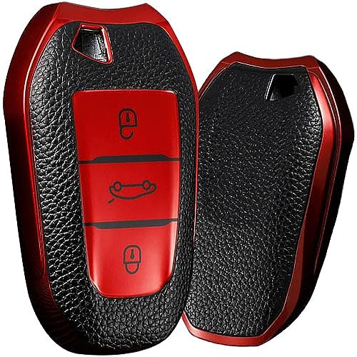 KUNIO Schlüsselhülle Passt für Peugeot 308 408 508 208 2008 3008 4008 5008 Passt für Citroen Grand C4 Picasso C4L C6 C3-XR TPU Leder-Textur Schlüsseletui Autoschlüssel Hülle 3 Tasten Rot