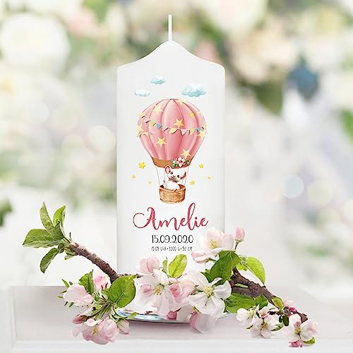 Wandtattoo Loft Taufkerze Junge oder Mädchen Motiv Maus im Heißluftballon, 18cm x 7cm, personalisierte Kerze, bedruckte Kerze zur Taufe, Stumpenkerze, individuelles Taufgeschenk