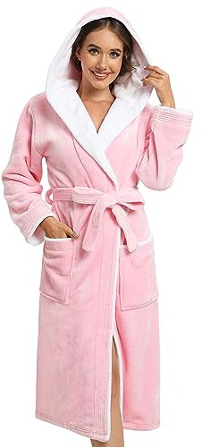 Vislivin Fleece Dressing Gown for Women Fluffy Hooded Dressing Gown Luxury Robe Soft Bathrobe Pink-L