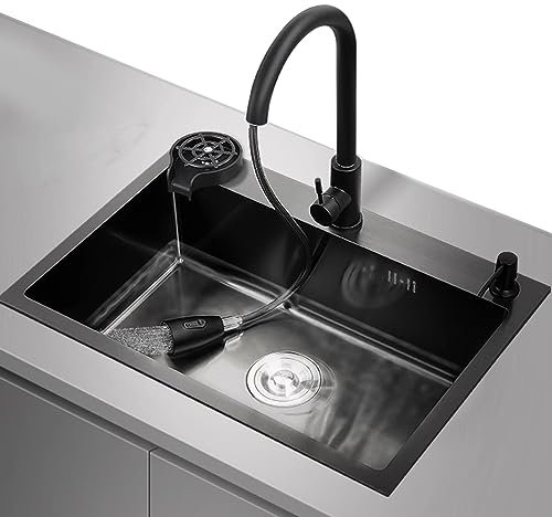 Fregadero De Cocina Negro con Lavavasos Fregadero De Acero Inoxidable Fregadero De Un Seno, Grifo Extraíble Accesorios Completos (S : 60x45x20cm)