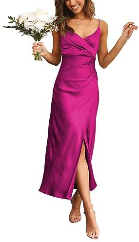 YIANN Vestidos largos de noche formales con cuello en V y tirantes delgados, vestidos de dama de honor para boda con abertura, fucsia, 58 Más