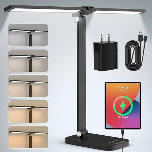 Mefine Flexo LED Escritorio, Cabeza Doble Lampara LED Escritorio 12W con Enchufe, Flexo Escritorio Estudiar 5 Modos y Regulable Brillo, Cuidado Ocular Luz Escritorio USB Negra para Leer Oficina