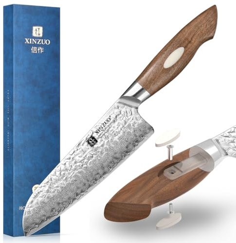 XINZUO 18.5cm Coltello Santoku Giapponese in Acciaio Damasco AUS-10, Finitura Martellata Cucina Coltello per Verdure, Professionale Forgiata Coltello da Cuoco Chef con Manico in Legno di Noce Nero