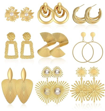 FUNEIA 9/12 Paar Statement Ohrringe Set für Damen Frauen Boho Rattan Harz Acryl Tropfen Hängend Ohrringe Geometrische Große Quaste Creolen Strandohrringe Modeschmuck (Gold 9 Set)