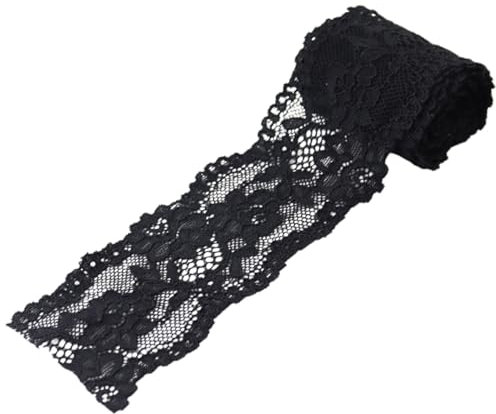 Duuclume 6,1 cm x 4,5 m Vintage-Stoff, schwarzer Spitzenbesatz, elastisches, dehnbares Spitzenband – perfekt für Basteln, Hochzeit, Geschenkverpackung, Zuhause, Weihnachten, Halloween-Dekoration
