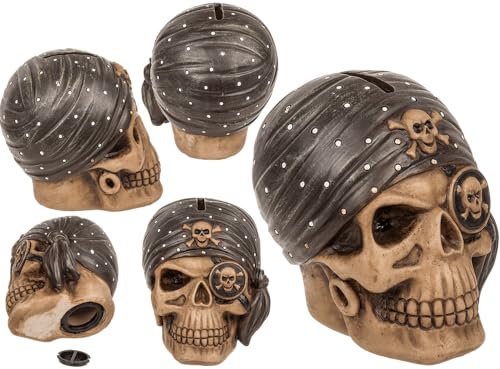 Hucha con candado Pirata de 12 x 11 cm de polirresina en Caja de cartón, Color marrón