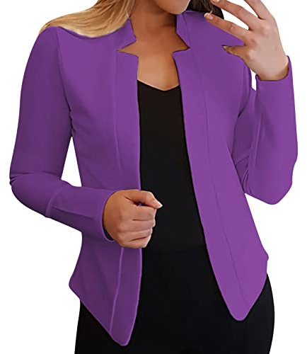 EMUKFD Giacca da lavoro da donna, aperta sul davanti, a maniche lunghe, tinta unita, cardigan corto da ufficio, cappotto leggero, Viola, 40