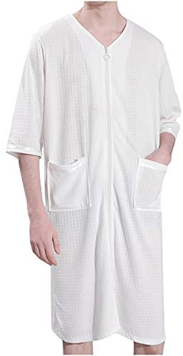 Terry Towelling Bathrobe Men Zip Shawl Dressing Gown Terry Spa Robe Asorbent Quick-drying Super Soft Light Toweling Robes Pockets Solid Long Bathrobe Loungewear and Nightwear Nightrobe White XL