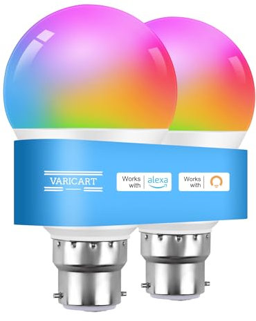 VARICART Smart Bulb B22 Alexa Light Bulbs, 8W Bluetooth Smart Bulb Bayonet Warm White 2700K, RGB Dimmable Color Changing 16 Million, Compatible with Alexa, Echo, App Control, No Hub Required, 2Packs