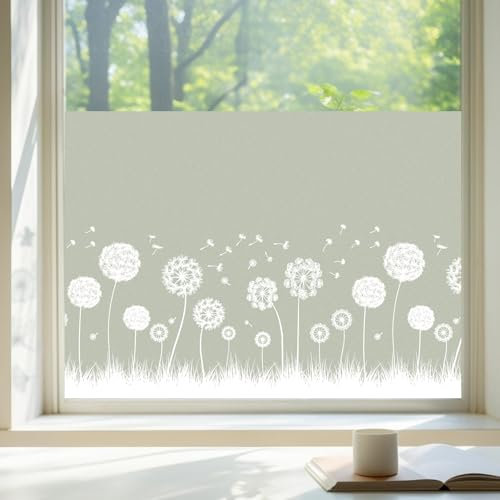 dktie Fensterfolie Blickdicht Sichtschutzfolie Fenster Milchglasfolie Löwenzahn Muster Statisch Haftend Anti-UV Kein Kleber Wiederverwendbar Geeignet für Wohnzimmer, Schlafzimmer 90 x 200 cm