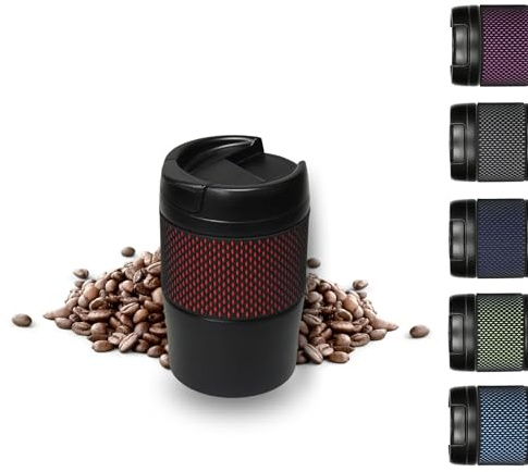 Thermobecher 'Temptation' klein - Kaffeebecher to go doppelwandig - Edelstahl Vakuumbecher mit Manschette - 300ml to go Becher - Reisebecher mit Deckel, Farbe:schwarz/rot