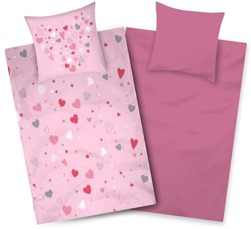 Aminata kids Bettwäsche 135x200 Herzen Herzchen-Motiv - Baumwolle Wende-Bettwäsche-Set Herz YKK Reißverschluss rosa pink Geschenk-Idee