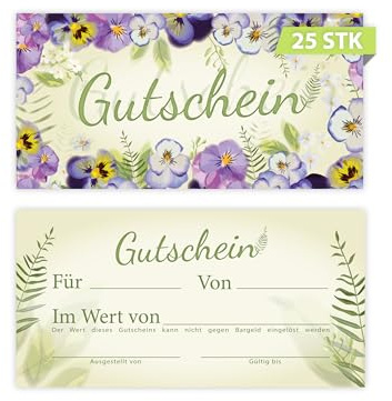 25 Geschenkgutscheine DIN lang plus (21 x 10,5 cm) Design Motiv Natur Veilchen Blumen. Blanko Gutscheine zum Ausfüllen Gutschein Geschenk Karte für Massage Wellness Kosmetik Nagelstudio Spa Beauty