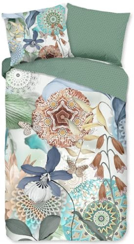 Hip Satin Bettwäsche ZEPHIR natürlich 100% Baumwolle | Bettwäscheset ÖKO-TEX hautfreundlich, atmungsaktiv | mit Reißverschluss | Blumen Mandala 155 cm x 220 cm grün blau