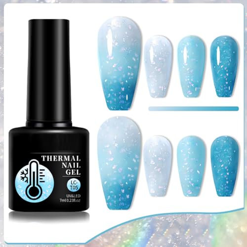 Colour Changing Gel Nail Polish, UV gel nail polish with Thermal Temperature Color Changing Glitter Reflective Nail Polish Long Lasting Glossy for DIY Nail Art Manicure at Home Salon(T05 Blue)