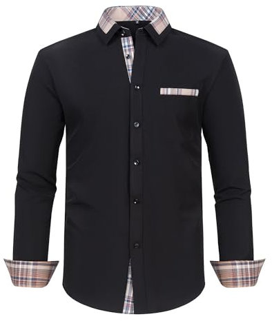 MakingDa Mens Dress Shirt Long Sleeve Stretch Slim Fit No Iron Wrinkle-Free Casual Business Work Wedding Party Checkered Patchwork Button Down Formal Shirts with Pocket-Black-XS