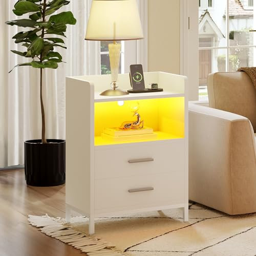 YITAHOME White Bedside Table with Charging Station, Bedside Cabinet with 2 Drawers Bedside Table with LED Lighting Nightstand with 2 Outlets and 2 USB Ports End Tables for Bedroom, Living Room