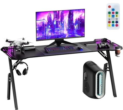 AufuN Scrivania da gioco Bureau Gaming Table Gaming con LED per computer, tavolo da gioco, 160 x 60 cm, stabile scrivania in PC con rivestimento in fibra di carbonio, tavolo da gioco ergonomico