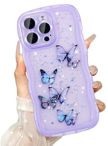 UEEBAI Wave Case for iPhone 14 Pro Max, Cute Bling Butterfly Case for Girl Women, Pretty Glitter Sparkle Stars, Clear Curvy Protective Shockproof Bumper Phone Cover - Purple