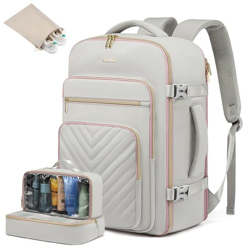 LOVEVOOK Reiserucksack Handgepäck Flugzeug, 40L Rucksack Damen Groß, Wasserdicht Laptop Rucksack 17 Zoll mit Laptopfach, Travel Backpack Handgepäck Tasche für Reise Arbeit Wandern, Grau