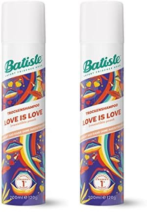 Batiste Trockenshampoo Love is Love 200 ml, mit Duft, süß-fruchtiger Blumenduft, zum Auffrischen der Haare zwischen den Haarwäschen, ohne Ausspülen (Packung mit 2)