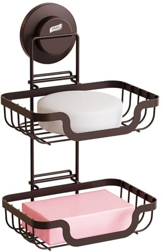 TAILI Porte-Savon Double Couche À Ventouse pour Mur De Douche, Plateau De Savon Drainant pour Salle De Bain, Porte-Éponge en Acier Inoxydable pour Baignoire, Cuisine, sans Perçage, Marron