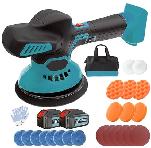 21V Poliermaschine Auto Akku mit 2 x5.5 AH Akku, 24 PCS Aufsätze, Exzenter Poliermaschine mit 6 Variablen Geschwindigkeiten, Akku Wachsmaschine für Auto Polieren, Maschinenpolieren & Fahrzeugpflege