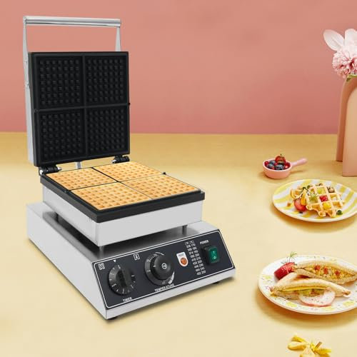 Kommerzieller Waffelbereiter, 1750W Elektrischer Waffelmaschine mit 4 Antihaftbeschichtete Backflächen & Edelstahl Gehäuse für Bäckereien Restaurants Kantinen
