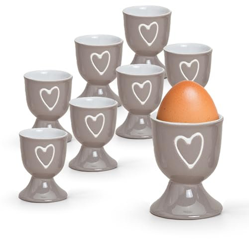 Bunte Landhaus-Stil Eierbecher 8er Set taupe - Runde Keramik Frühstücks-Eier Herzen Untersetzer