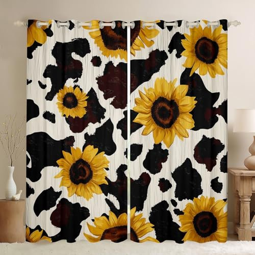 feelingyou Cortinas con estampado de piel de vaca, acuarela, girasol, para niñas, adolescentes, casa de campo, piel de vaca lechera, cortinas de tratamiento de ventana, decoración del hogar, cortinas