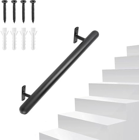 SUPAWAY Pasamanos negro con recubrimiento en polvo 41cm Barandilla metálica para interior/exterior Ø32mm – Asidero de seguridad para garaje, sótano, terraza, escaleras, barandillas – Interior/exterior