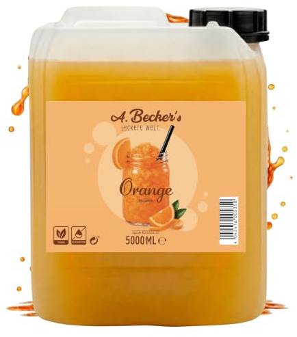 A. Becker´s Slush Sirup für Slushy Eis | Ohne Azofarbstoffe | 5L Orange | Vegan | 1L Konzentrat ergibt 6L Eis | Getränkesirup für Zubereitung in der Slushie Maschine oder im Mixer