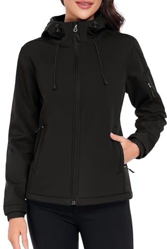 Vancavoo Vestes de Randonnée Femme Veste Softshell Imperméable Coupe-vent Blouson Polaire à Capuche Manteau le Cyclisme pour le Printemps et L'automne,Noir,XL
