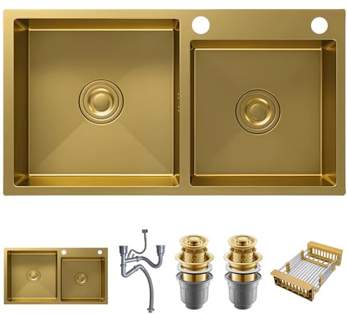 OMGMTSTORE Lavello da cucina con 2 vasche da 75 x 40 cm, in acciaio inox dorato, con 2 fori per rubinetto, grande lavandino da cucina, lavello da incasso con scolapiatti, dispenser di sapone, sifone e