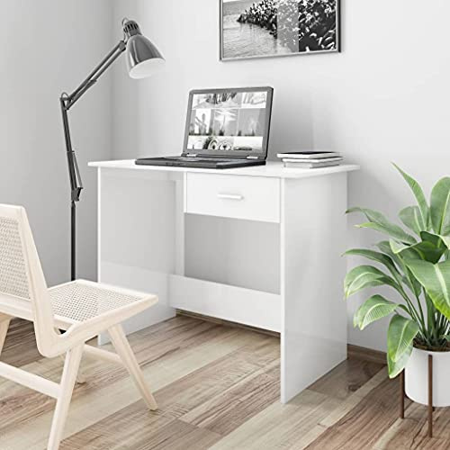 KTHLBRH Moderner Schreibtisch aus Spanplatte, weiß, glänzend, mit Schublade, robuster Computertisch für Büro und Studio, 100 x 50 x 76 cm