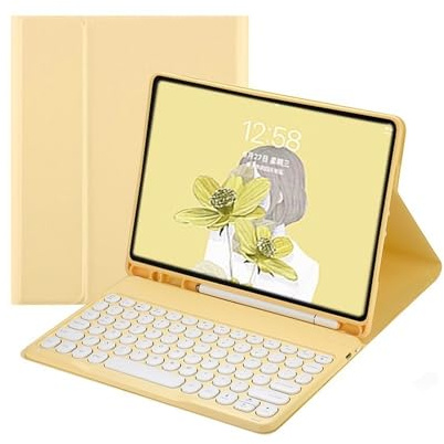 YSJX Abnehmbare Tastatur mit runden Tasten, PU+TPU-Lederhülle mit Standfunktion, kompatibel mit iPad mini 6/7 8,3 Zoll 2023(Yellow+Keyboard)