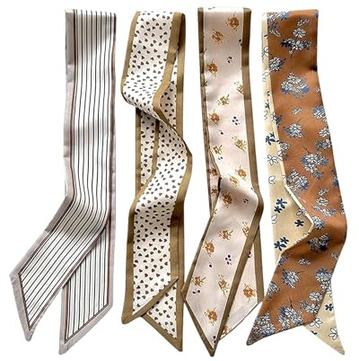Yotlein 4 Stück Seidentuch Damen, Schmales Halstuch Damen Set, Moden Seidenschal, Dünnes Langes Halstuch, Handtaschen-Zubehör, Dekorative Schals, Multifunktionale Hals-tuch Haarband