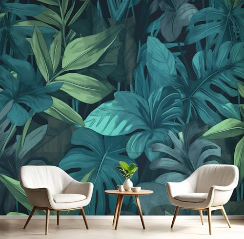GSAEIMCT Papier Peint Panoramique Turquoise Feuillage Luxuriant 3D Tapisserie Peinture Murale Interieur Plantes Tropicales Pour Chambre Salon À Coucher D'Enfant Maison Décoration,300X210Cm