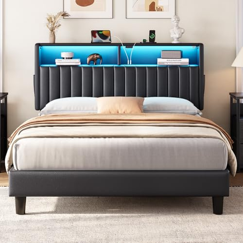 Rolanstar Bett mit LED 90x200 cm, Bettgestell mit Ladestation (2 USB & 1 Type-C), Polsterkopf mit Doppelstöckiges Regal & 2 Seitentaschen, Metallbett für Schlafzimmer, Gästezimmer (Schwarz)