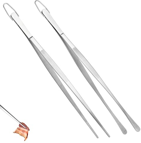 U-Taste Kitchen Metal Tweezers, 30cm, Set of 2, Round & Pointed Tip, Silver | Long Pasta Tong, 18/8 Stainless Steel, Flexible Pinching, Seamless-Welding, Sturdy and Non-Slip for Cooking Serving Grilling