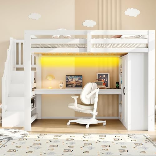 Mielvu 140x200 Hochbett mit Schreibtisch und Regal, Kleiderschrank, Stauraumtreppe, USB und LED-Leuchten, Weiß